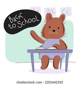 Student bear sits at a desk and raises his hand in classroom. 
Banner Back to school