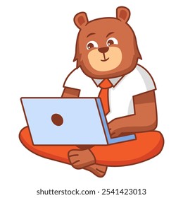 Student bear working on the laptop computer.Study online animal bear .Online children education.School boy bear  working at the laptop.Active young kid animal.Student hands using laptop. Vector flat.