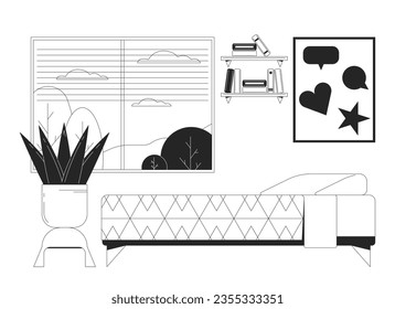 Student bedroom bw vector spot illustration. Teen girl bed with contemporary decor 2D cartoon flat line monochromatic scene for web UI design. Room interior window editable isolated outline hero image