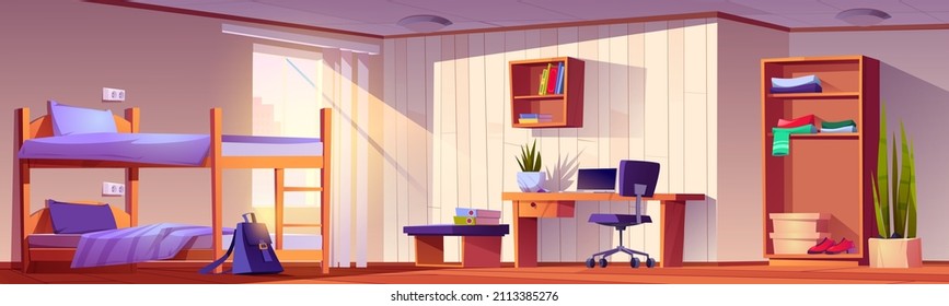 Student bedroom in dormitory with bunk bed, computer on desk, chair, wardrobe and bookshelf. Empty interior of college or university dorm, accommodation, living apartment, Cartoon vector illustration