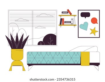 Student bedroom flat line vector spot illustration. Teen girl bed with contemporary decor 2D cartoon outline scene on white for web UI design. Room interior window editable isolated color hero image