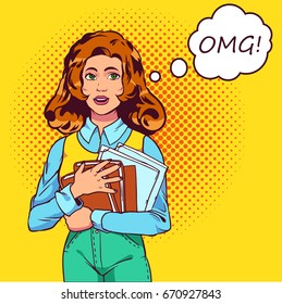 Student before exams pop art. A beautiful student is worried and keeps books. Vector illustration in comic style. EPS 10.