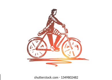 Student, bicycle, man, cycling concept. Hand drawn student riding to the university on bike concept sketch. Isolated vector illustration.