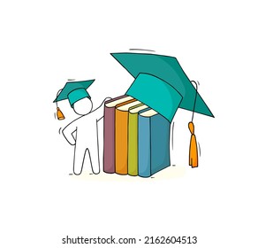 Student with big graduation cap. Concept of education, academic degree, celebration ceremony in university, high school or college. Vector doodle illustration of graduates with books stacks