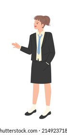 A student in a black school uniform is reaching out and explaining.flat design style vector illustration.