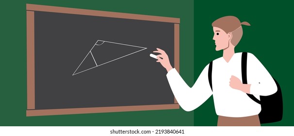 Estudiante en pizarra aprende geometría, ilustración plana vectorial con proceso educativo