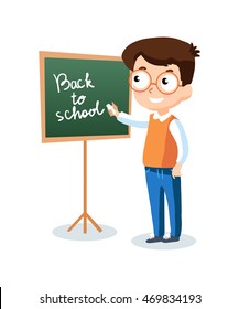 Student at the blackboard. School boy vector cartoon character.