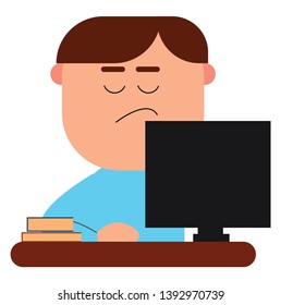 Student In A Blue-colored T-shirt With His Eyes Closed Has A Smirk Face While Working On His Laptop  Vector  Color Drawing Or Illustration