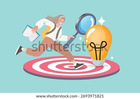 A student with a book and backpack runs towards a target, holding a magnifying glass to find a big idea. This symbolizes educational research, the pursuit of knowledge, and achieving a goal.