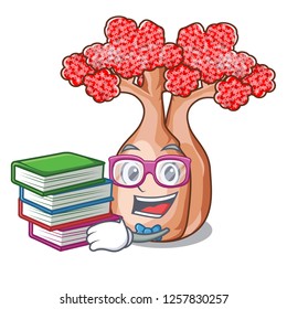 Student with book bottle shaped tree on a cartoon