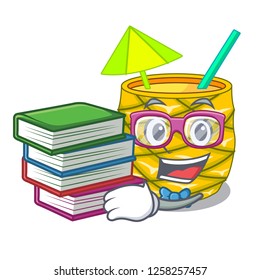Student with book bottles pineapple juice on cartoon table