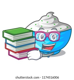 Student with book bowl of sour cream on cartoon wooden table