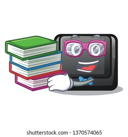 Student with book button E on a game cartoon
