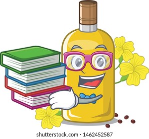 Student with book canola oil poured into cartoon glass