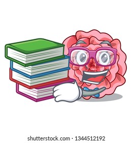 Student with book carnations flower above mascot wood table