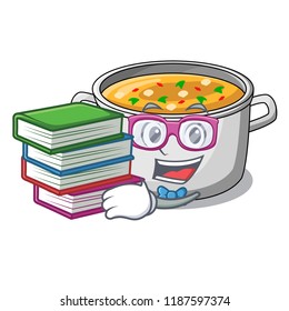 Student with book cartoon homemade stew soup in the pot