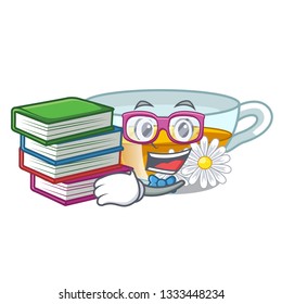 Student with book chamomile tea isolated the with mascot