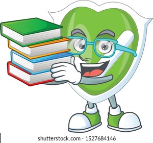 Student with book checkmark shield character on white background.