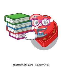 Student with book chocolate heart box above cartoon fridge