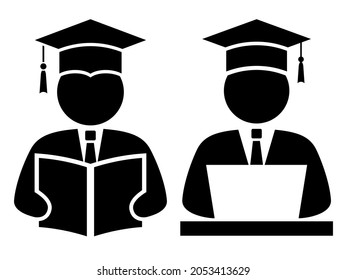 Student with book and student with computer vector pictogram on white background, educational icons