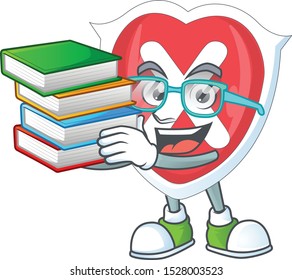 Student with book cross shield character on white background.