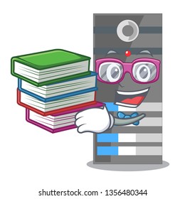 Student with book data server above the cartoon tables