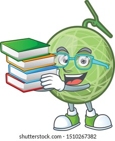 Student with book design melon cartoon character for fruit logo.