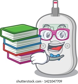 Student with book diabetes check machine above mascot table