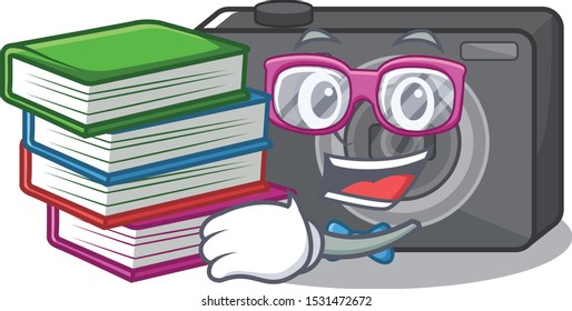 Student with book digital camera on a cartoon table
