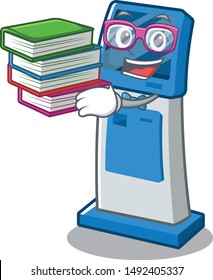 Student with book digital information cartoon kiosk next to table