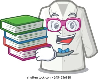Student with book doctor coat hanging on cartoon wall
