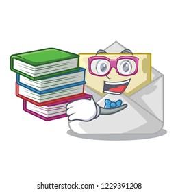 Student with book envelope opened on shape white mascot