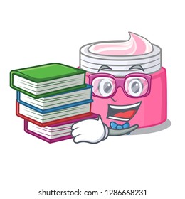 Student with book face cream in a cartoon jar