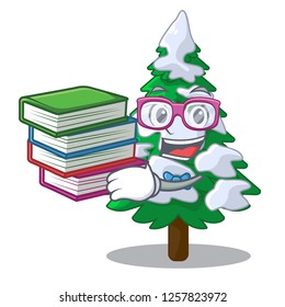 Student with book fir with snow christmas tree cartoon