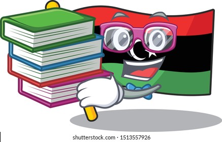 Student with book flag libya clings to mascot wall