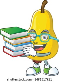 Student with book fresh pear on the cartoon character