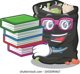 Student with book garbage bag behind the character door