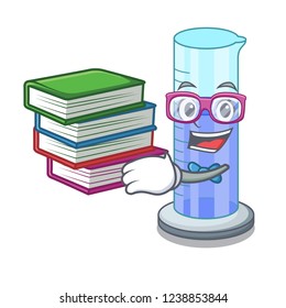 Student with book graduated cylinder on for cartoon trial