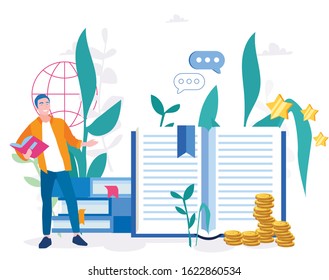 Student with book and green plants, Investment in education. Scholarship.  Vector illustration for web banner, infographics, mobile Education in Global world, Concept of global business study abroad.