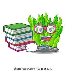 Student with book green seaweed in a cartoon aquarium