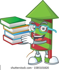 Student with book green stripes fireworks rocket mascot cartoon character style