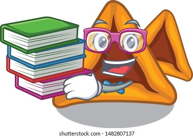 Student with book hamantaschen cakes served in character plates