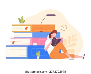 Student at book heap. Intern nurse girl or teacher learning many books, person read textbook stack in library, school education homework or exam study concept vector illustration of education study