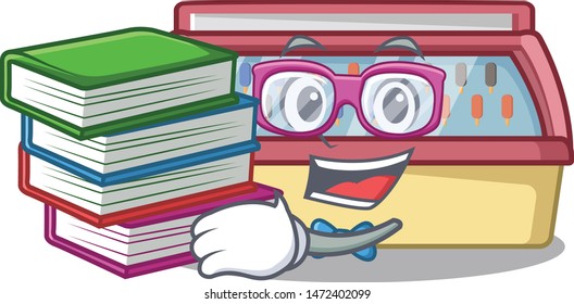 Student with book ice cream freezer in cartoon shop
