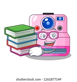 Student with book instant camera isolated on a mascot