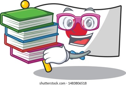 Student with book Japan flag folded above mascot table