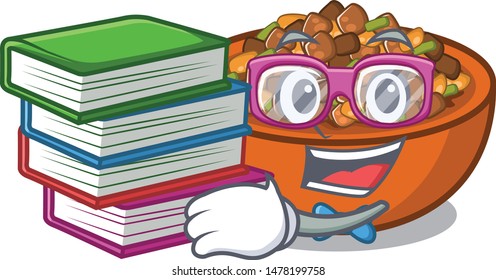 Student with book kung pao chicken in a cartoon
