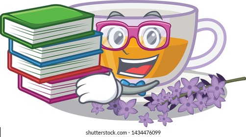Student with book levender tea is poured cartoon bottle