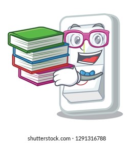 Student with book light switch above cartoon wooden wall