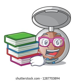 Student with book makeup powder on wooden cartoon table